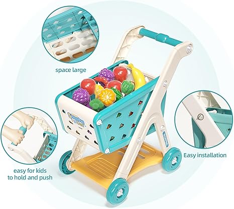 102pcs Kids Shopping Cart Trolley Play Set with Pretend Food and Accessories,Perfect for Ages 3+ Pretend Play and Role-Playing Games