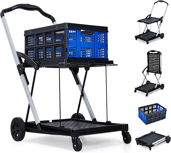 Collapsible Shopping Cart with Wheels, 2-Tier Portable Utility Cart with Removable Storage Crate for Home Groceries Supermarket