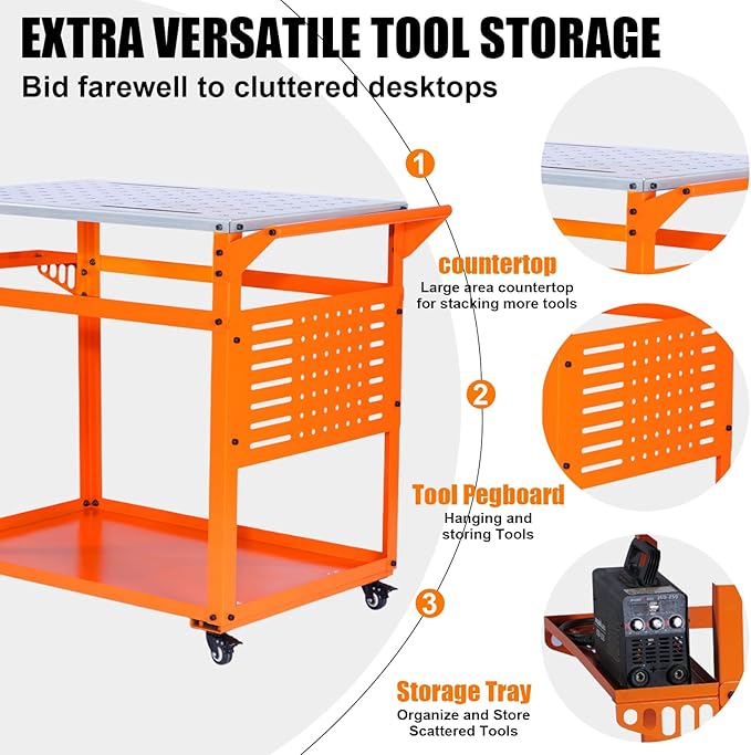 Welding Table: 35"x24" Welding Workbench with 2000LB Load Capacity, Lockable Casters with Brakes, Tool Tray, Tool Slots & 4/5" Fixture Holes