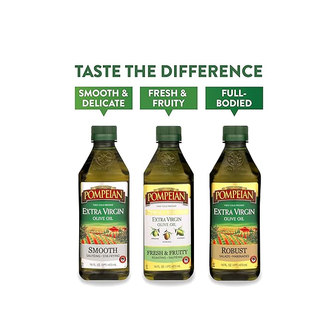 Pompeian Extra Virgin Olive Oil Variety Pack - Smooth EVOO, Gourmet Selection EVOO, Robust EVOO, Contains Polyphenols, First Cold Pressed, 16 Fl Oz, Pack of 3