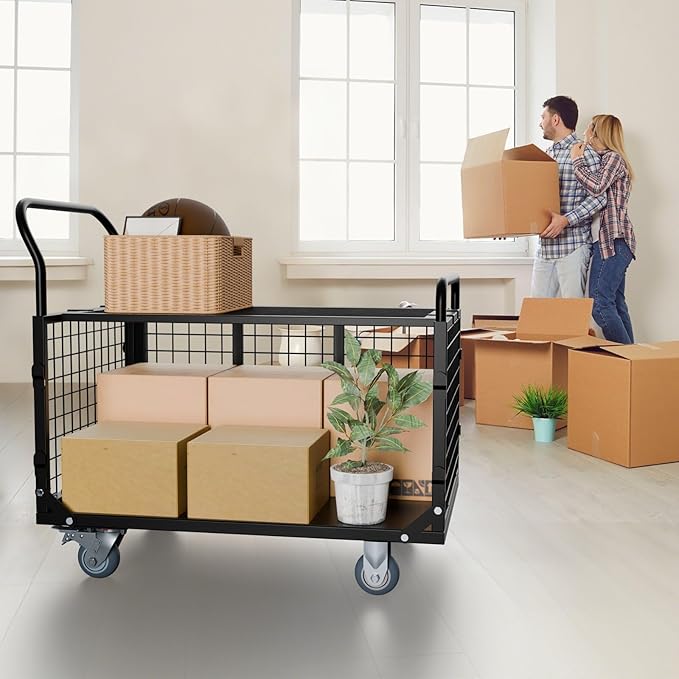Platform Truck Cart with Cage, 5 in 1 Foldable Heavy Duty Platform Cart, 2500 LBS Capacity Heavy Duty Push Cart with 4 Casters for Grocery, Laundry, Warehouse, Pantry