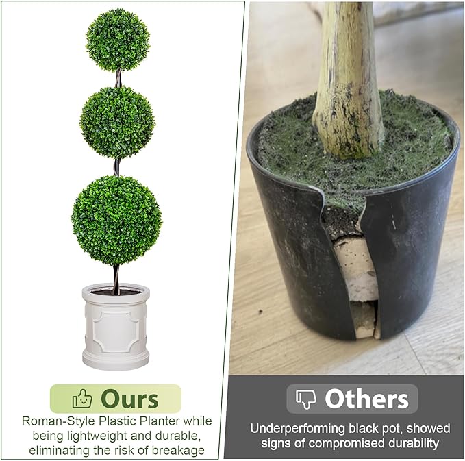 3FT Artificial Triple Ball Topiary Trees with Roman Style Vintage White Planter Pot, Outdoor Indoor Realistic Faux Shrubs Plants, Fake Trees for Home Offices Porch Decor, Set of 2