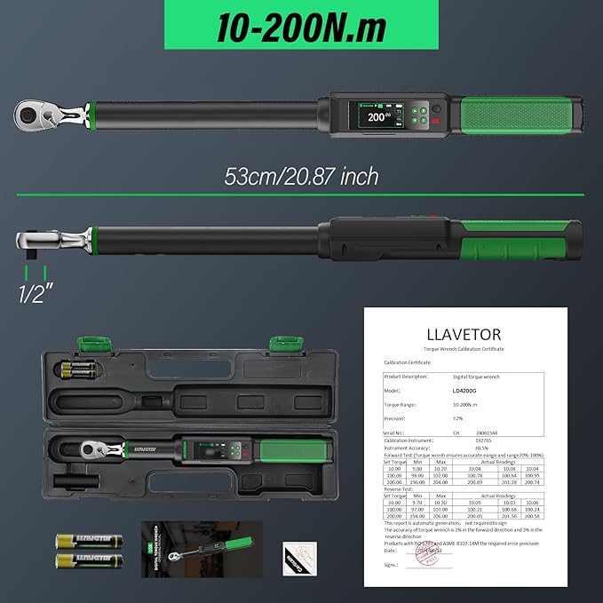 Digital Torque Wrench, 1/2 Torque Wrench, 7.38-147.5 Ft-lbs/10-200 N.m, ±2％ ACCURACY with Buzzer & LED Indicator for Automotive Motorcycle & Bicycle
