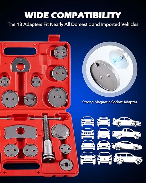 Orion Motor Tech 24pcs Brake Caliper Tool, Heavy Duty Brake Caliper Compression Tool Caliper Piston Tool for Brake Pad Replacement Reset, with Thrust Bolt Assemblies Retaining Plates 18 Disc Adapters