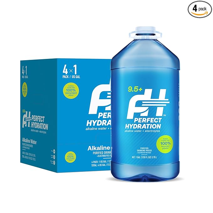 Perfect Hydration 9.5+ pH Alkaline Drinking Water, Electrolyte Minerals for Taste, Made in the USA, 1 Gallon (128 fl oz) Jug, Case of 4