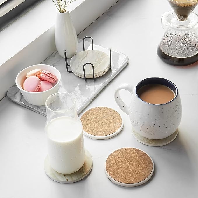 LIFVER Coasters Set of 6, Coasters for Drinks Absorbent Stone with Holder, Black Marble Style Ceramic Drink Coaster for Tabletop Protection, Coffee Table Decor Ideal for Home Decor House Warming Gifts