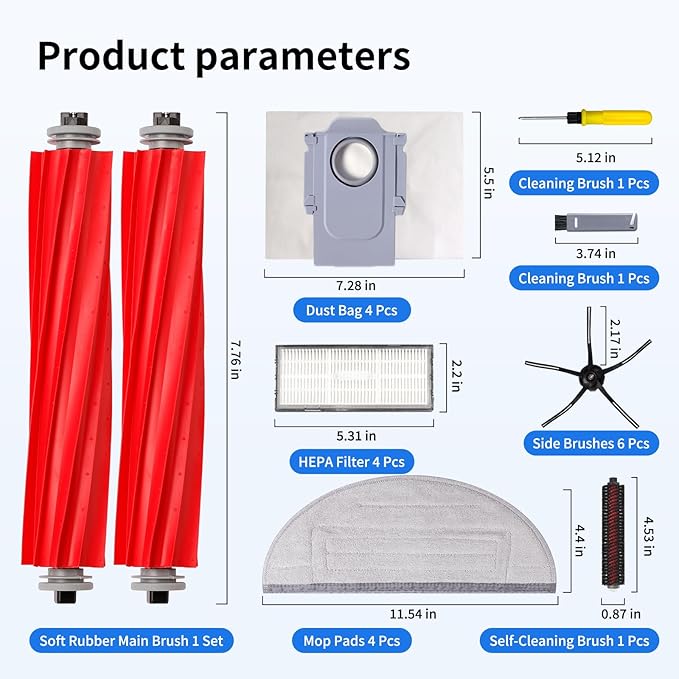 21 PCS Replacement Parts Compatible with Roborock S7 MaxV Ultra Robot Vacuum Cleaner,6 Side Brushes,4 HEPA Filters,4 Dust Bags,1 Cleaning Brush,2 Main Brushes,4 Mop Pads,2 Tools