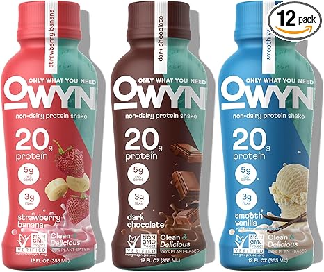 OWYN Only What You Need Protein Shake, 20g Vegan Protein, Ready to Drink, Dairy Free, Great Taste, 4g Sugar, 5g Net Carbs, Strawberry Banana Variety Pack, 12 Fl Oz (12 Pack)