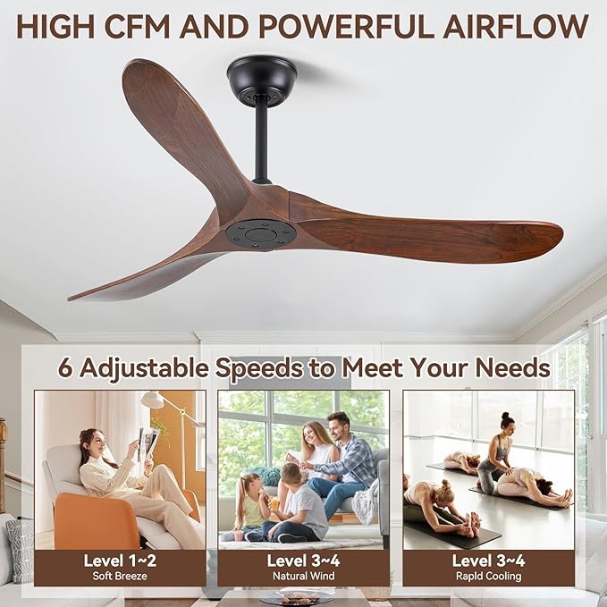 52 Inch Ceiling Fan with Remote Control, Solid Wood, 6-Speed DC Motor, 3 Reversible Walnut Wooden Blades, 1/4/8 Hour Timer, Quiet & Energy Efficient for Indoor/Outdoor Use