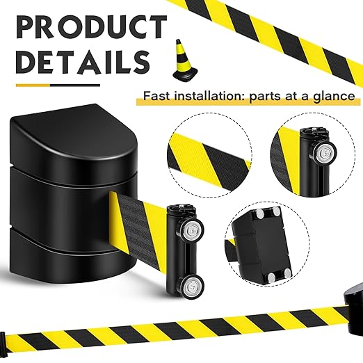 6 Pack 16.4 ft Magnetic Wall Mount Retractable Belt Magnetic Crowd Control Safety Retractable Wall Barrier with ABS Case, Safety Barrier for Grocery Retail Store (Yellow Black Rope)