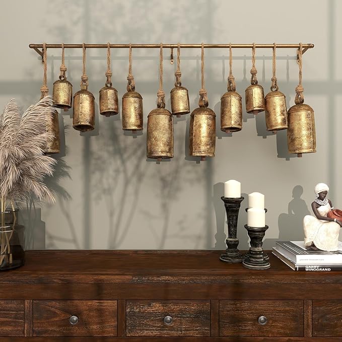 Cow Bells Giant Vintage Rustic Tin Metal Set of 12: Handmade XL Antique Brass Decor for Holidays, Swiss Souvenirs, Rustic Christmas Decor on Jute Rope