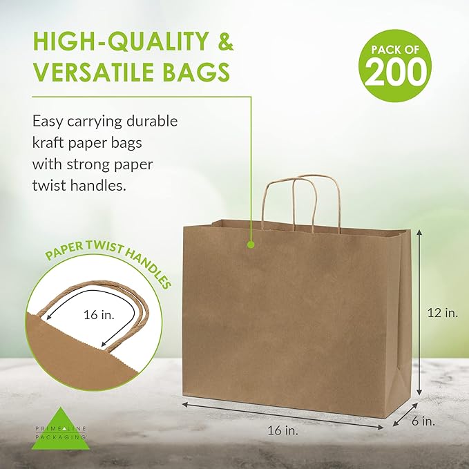 Prime Line Packaging Brown Paper Bags, Large Shopping Bags with Handles for Boutique Use, Small Business, Retail Stores, Grocery Sack, Bulk, 16x6x12, 200 Pack