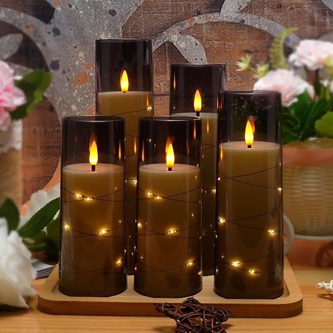 Flameless LED Candles with Timer 5 Pc Flickering Flameless Candles for Romantic Ambiance and Home Decoration Stable Acrylic Shell,with Embedded Star String，Battery Operated Candles（Grey）