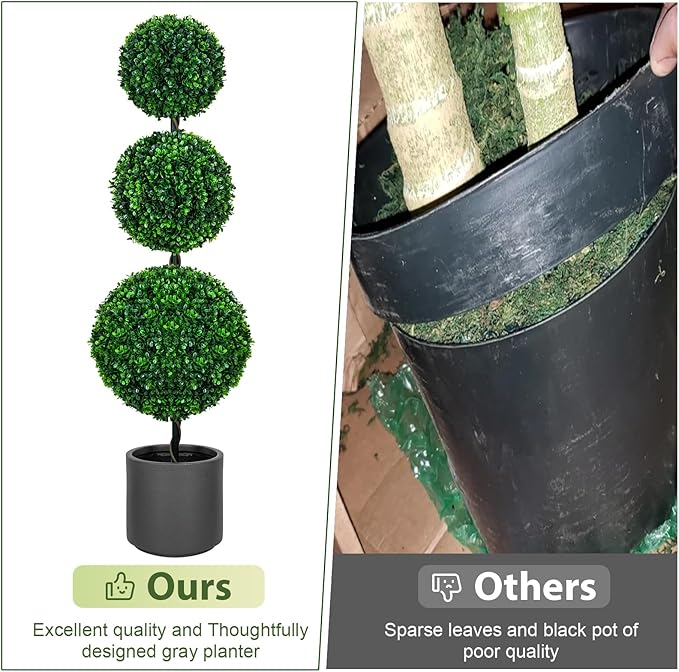4FT Artificial Triple Ball Topiary Trees with Gray Planter Pot, Outdoor Indoor Realistic Faux Shrubs Plants, Fake Trees for Home Offices Porch Decor, Set of 2