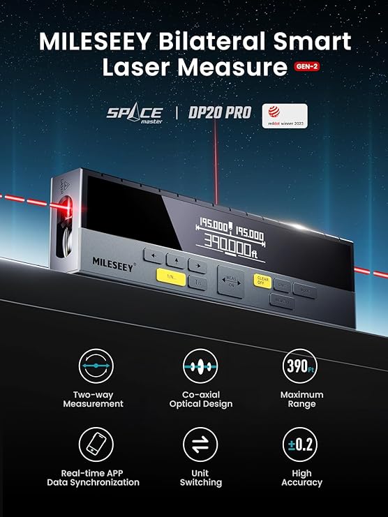 MiLESEEY DP20 Pro Dual Laser Measuring Tool, 390Ft Laser Measurement Tool with Middle Laser Reference, Rechargeable Laser Distance Measure with APP,Gen-2 Backlit Display Ft/in/M Units Laser Measure