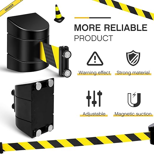 6 Pack 16.4 ft Magnetic Wall Mount Retractable Belt Magnetic Crowd Control Safety Retractable Wall Barrier with ABS Case, Safety Barrier for Grocery Retail Store (Yellow Black Rope)