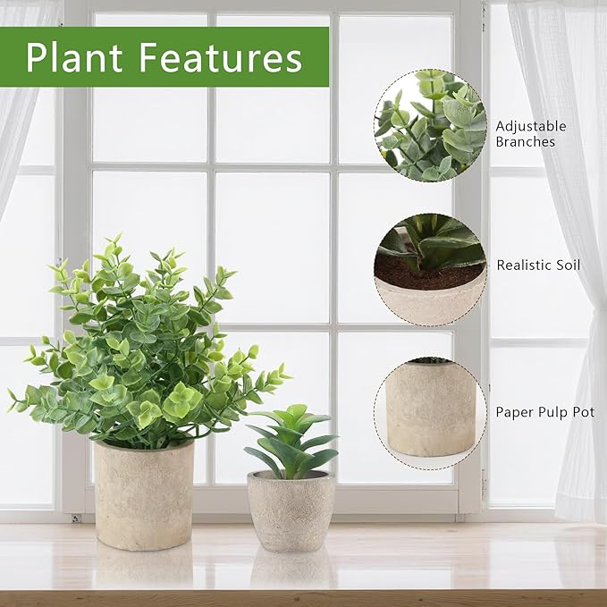 ALAGIRLS 4 Packs Fake Plants Small Artificial Plants Indoor Eucalyptus Rosemary Succulents Plants Potted Faux Plants for Home Indoor Office Bathroom Living Room Decor