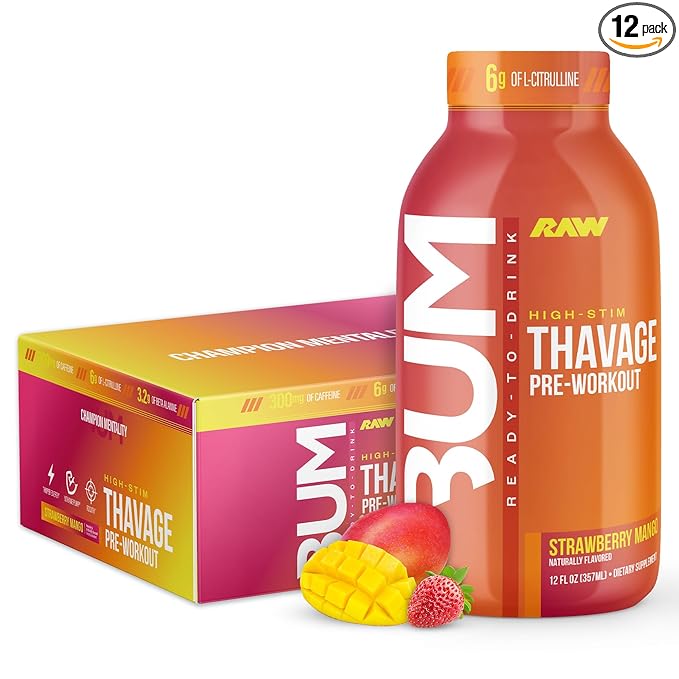 RAW Ready to Drink Pre-Workout Drink - BUM Thavage RTD Preworkout Shakes - Energy Supplement Drinks with Beta Alanine, L-Citrulline & Caffeine - Zero Sugar (12 Pack, Strawberry Mango)