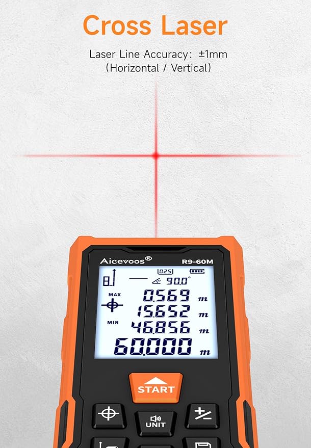 R9 Laser Measure 60m/196ft with Large Backlit Screen and Cross Laser, Digital Laser Measurement Tool with Electronic Angle Measures Distance, Area and Volume