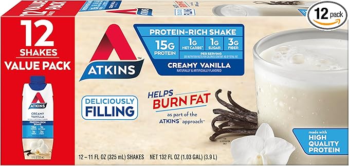 Atkins Creamy Vanilla High Protein Shake, 15g Protein, Low Glycemic, Low Carb and Low Sugar Shakes, Keto Friendly, 12 Vanilla Flavored Protein Shakes