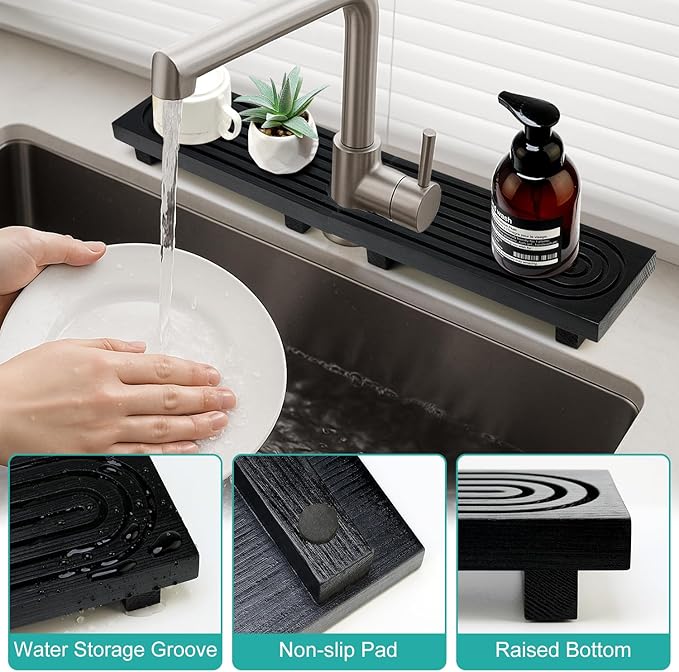 Large Kitchen Sink Faucet Mat Black Wooden Bathroom Tray Faucet Splash Guard Protectors for Kitchen Sink Counter Accessories Wood Risers Pedestal Stand Sink Drip Catcher Around Behind Faucet Mats