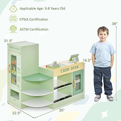 Costzon Pretend Grocery Store Playset, Wooden Supermarket Toy Set for Kids with Chalkboard, Cash Register, Vending Machine, Play Food Accessories, Toddler Play Store, Gift for Boys & Girls, Green