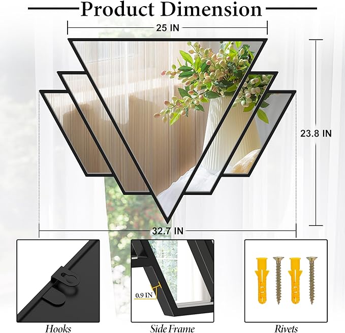 Black Triangle Decor Mirror,24x32Inch Farmhouse Wall Mirror,Modern Wall Mounted Mirrors,Metal Framed Vintage Ornate Art Mirror for Living Room Bedroom Fireplace Hallway