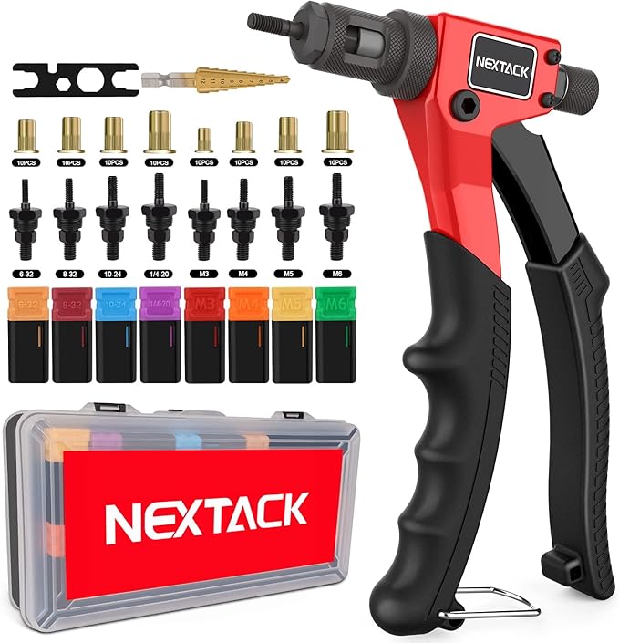 Rivet Nut Tool Kit with a Step Drill Bit & 80 Nutserts for Tight Space, 8" Rivnut Tool Set Riveter with 8 Mandrels 6-32 8-32 10-24 1/4-20 M3 M4 M5 M6 in Organized Rugged Carrying Case NT600