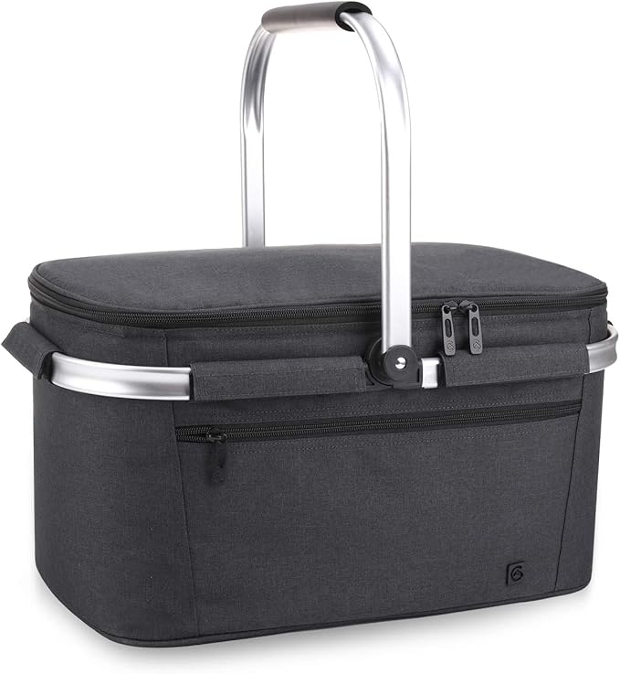ALLCAMP Picnic Basket - 32L Insulated Cooler, Thickening Foldable Picnic Basket with Removable Baskets & Sewn-in Frame, Basket for House Warming Gifts New Home(Jet Black)