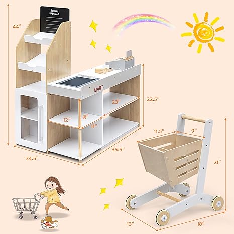 INFANS Kids Wooden Grocery Store Playset, Supermarket Toy Set with Cash Register Stand, Shopping Cart, Blackboard, Wooden Coins, Grocery Store Marketplace Pretend Play for Toddlers