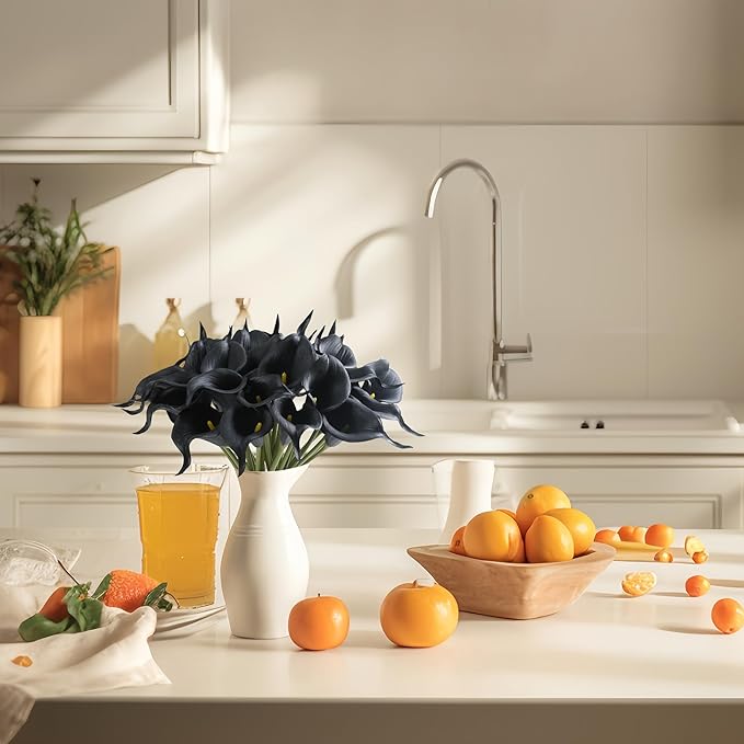 SITUMEIZI 24 PCS Black Fake Flowers Artificial Calla Lily Silk Flowers Real Touch for Mother's Day Easter Home Kitchen Decor Wedding Bouquet Office Spring Decoration