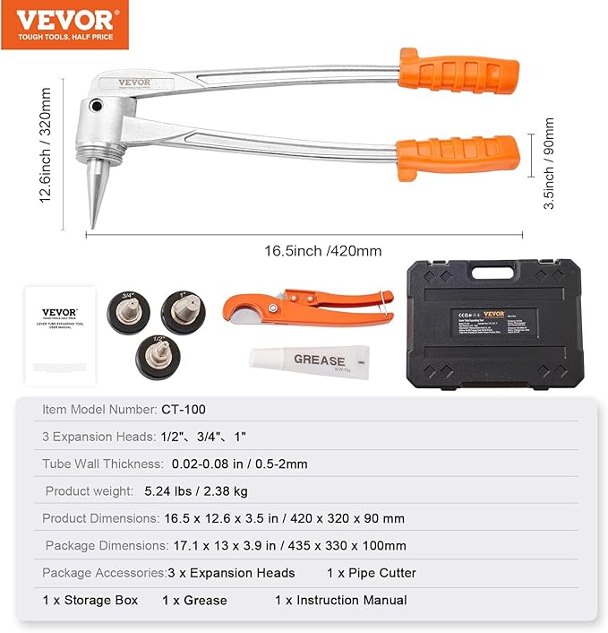 VEVOR Pipe Tube Expander, 1/2", 3/4", 1" OD PEX Tubing Expander, Professional Manual Lever PEX Tools Expander, with 3 Expansion Heads, Pipe Cutter for PEX Tubes