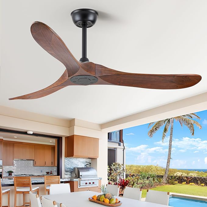 52 Inch Ceiling Fan with Remote Control, Solid Wood, 6-Speed DC Motor, 3 Reversible Walnut Wooden Blades, 1/4/8 Hour Timer, Quiet & Energy Efficient for Indoor/Outdoor Use