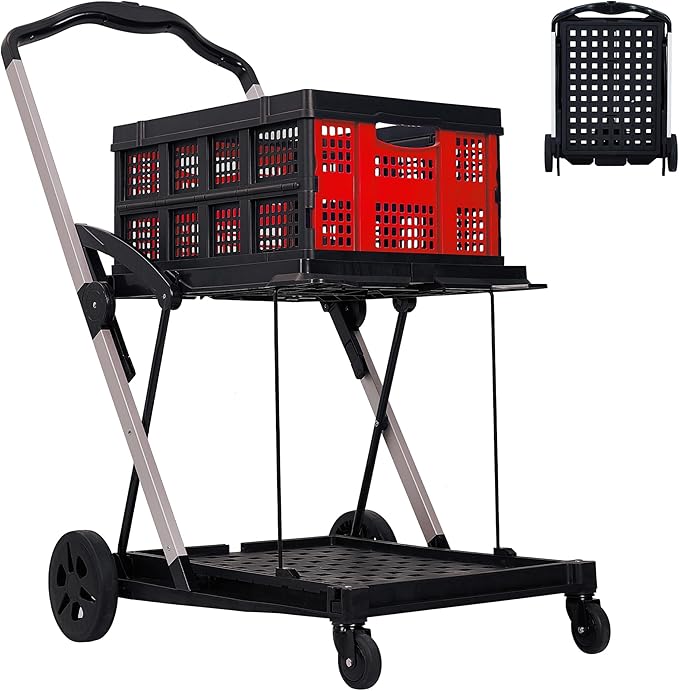 Garvee Foldable Shopping Cart for Groceries, 2-Tier Collapsible Utility Carts with Wheels & Removable Storage Crate, Aluminium & PP, Portable for Supermarket & Home Use, Red