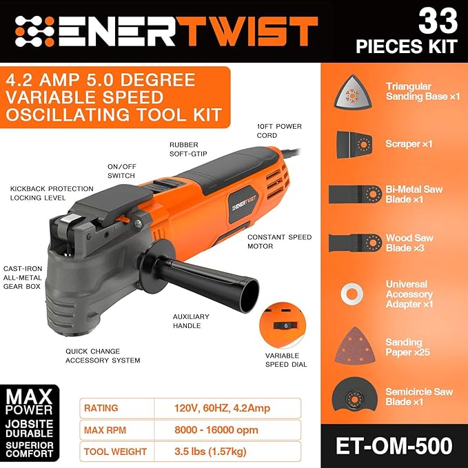 ENERTWIST Oscillating Tool, 4.2 Amp Oscillating Multitool Kit with 5° Oscillation Angle, 6 Variable Speed, 31pcs Saw Accessories, Auxiliary Handle and Carrying Bag, ET-OM-500