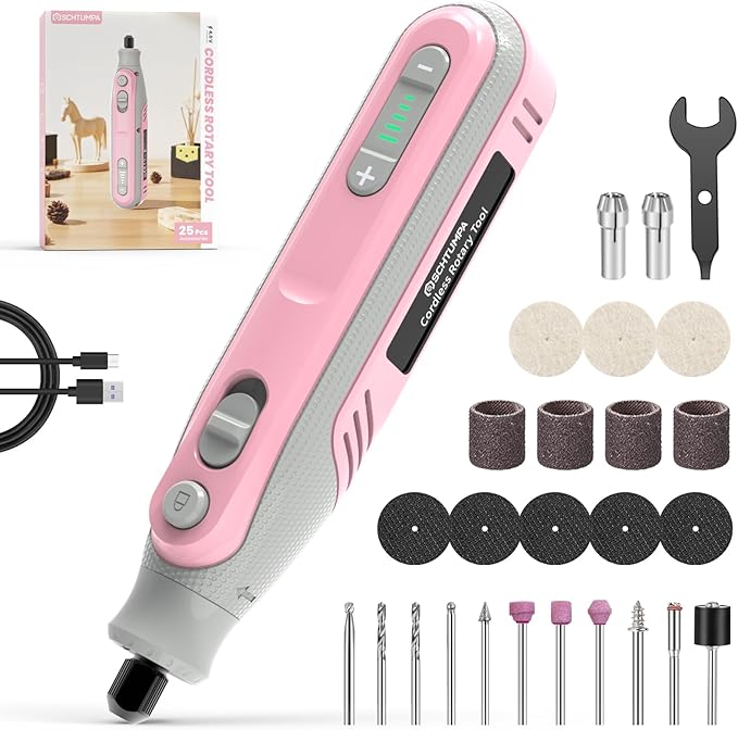 Rotary Tool, Mini Cordless Rotary Tool with 5-Speed, 25 Upgraded Accessories for Engraving, Carving, Sanding, Polishing, Cutting – Ideal for Crafts, DIY and Pet Nail Grooming, Pink