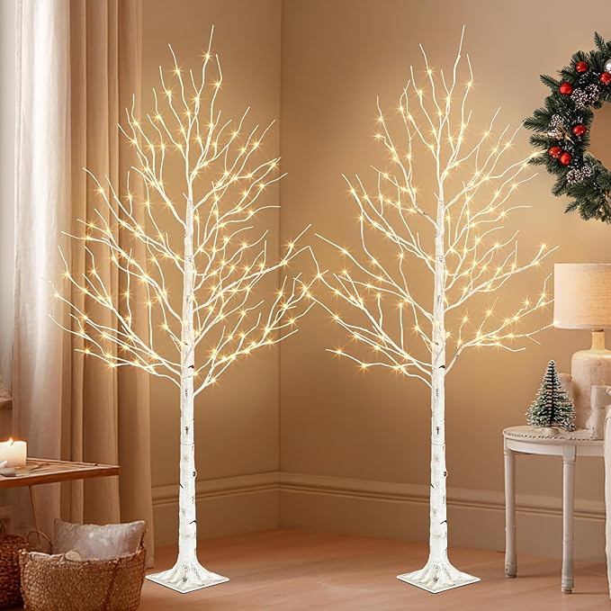 PABIPABI Birch Tree with LED Lights, 2 Pack 6ft Lighted White Christmas Trees Outdoor with Timer & Light Dimmer Prelit Artificial Twig Tree Set for Decorations Indoor Winter Home Garden Bedroom Decor