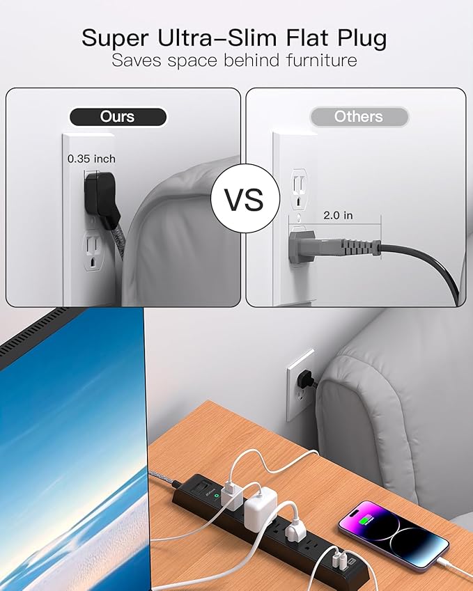 2 Pack Surge Protector Power Strip, 6 Outlets 4 USB Charging Ports, 12Ft Braided Extension Cord, Slim Flat Plug, Wall Mount, Desk Accessories, Home Office Essentials