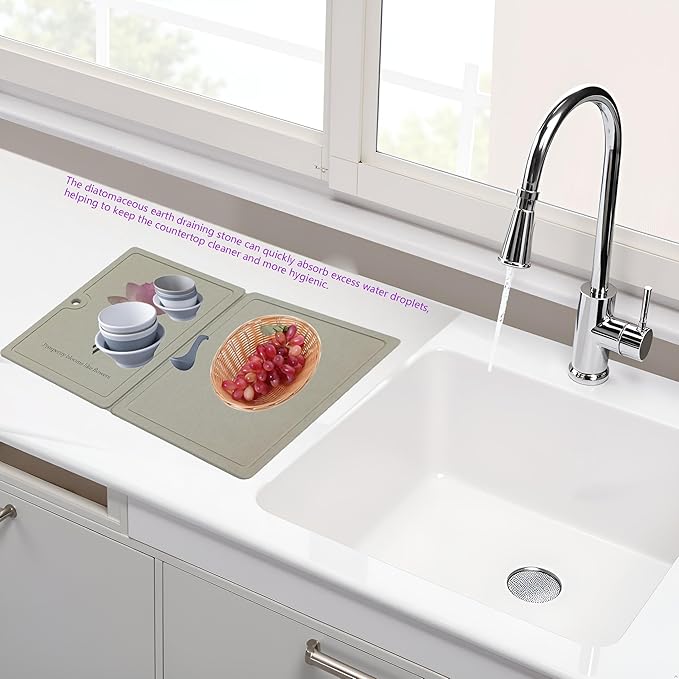 Premium Diatomaceous Earth Kitchen Countertop Drying Mat - Super Absorbent Quick Dry, Foldable Eco-Friendly Non-Slip Mat for Dishes, Utensils & Sink Area | Reusable & Fast Drying,quick dry stone mat