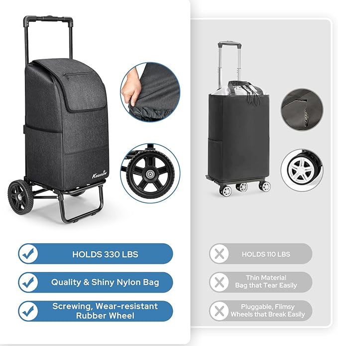 KEDSUM 2 in 1 Shopping Cart for Groceries, 330 lbs Grocery Cart on Wheels, Foldable Utility Carts with Wheels, Hand Truck with Waterproof Tote Bag for Shopping, School, Laundry, Craft Show, Black