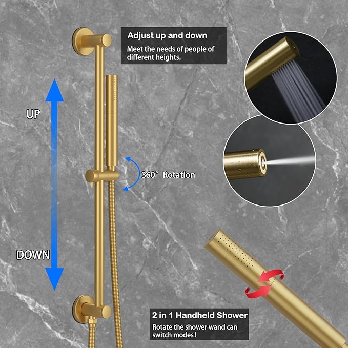 12Inch Brushed Gold Ceiling Shower System & 8Inch Wall-Mount Shower Faucet Set, 2 in 1 Handheld with Adjustable Slide Bar Included Temperature Display Valve and Trim Kit Can Work At Once