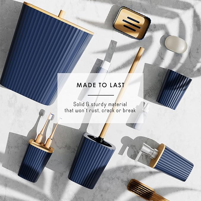 Clara Clark Bathroom Set - Navy Blue Bathroom Accessories Set, 6PC Bathroom Accessory Set, Bathroom Sets with Toilet Brush, Trash Can & Soap Dispenser