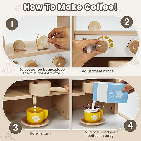 24 Pcs Pretend Play Coffee Shop, Kids Grocery Store Set, Wooden Drive-Thru Window, Coffee Maker, Oven, Cash Register, Bakery Toys Food Accessories Gift for Boys Girls 3+ Years Old