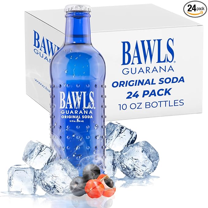 BAWLS Guarana Original - Guarana Fueled Soda for Energy, High Energy Caffeinated Drink, 10oz 24 Pack Glass Bottles