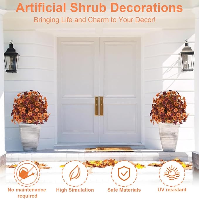 Outdoor Artificial Fall Flowers, UV Resistant Faux Shrub Decorations, Fall Orange and Red Flowers for Front Porch, Patio, Garden, Thanksgiving Decoration (Pack of 2)