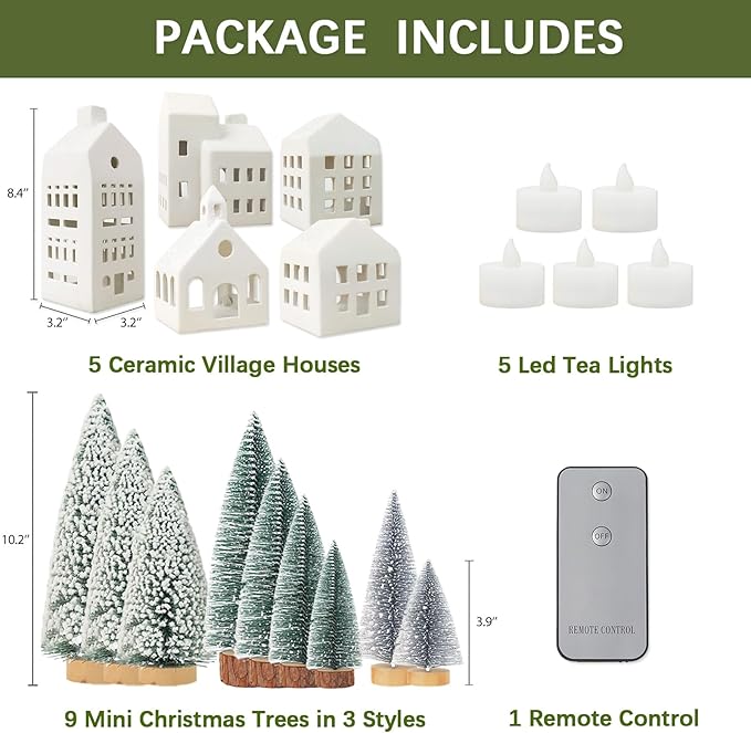 Christmas Decorations - Christmas Village Sets of 5 Lighted Ceramic Houses with Remote Control & 9 Trees - Indoor White Xmas Holiday Rustic Unique Decor for Home Table Room Farmhouse Decoration