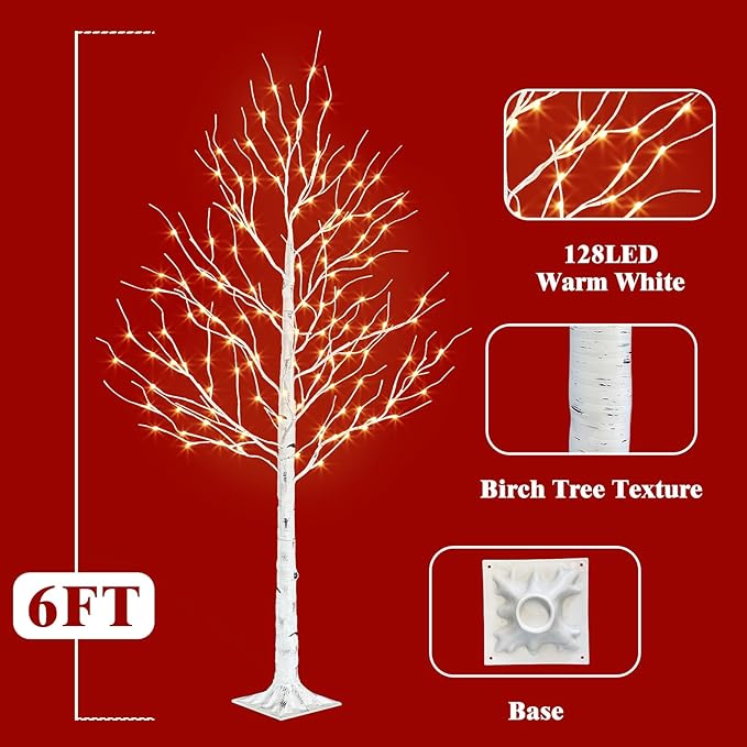 PABIPABI Birch Tree with LED Lights, 2 Pack 6ft Lighted White Christmas Trees Outdoor with Timer & Light Dimmer Prelit Artificial Twig Tree Set for Decorations Indoor Winter Home Garden Bedroom Decor