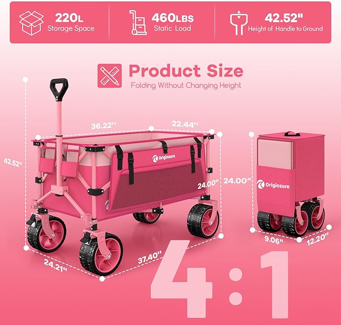 220L Collapsible Wagon Cart Foldable, 460LB Load Capacity Heavy Duty Folding Beach Wagons with Big All-Terrain Wheels, Utility Carts for Groceries, Camping, Sports - Pink