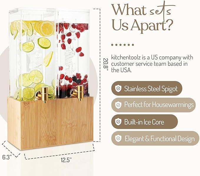 1.25 Gallon Dual Acrylic Beverage Dispenser with Bamboo Stand – Iced Drink Dispenser with Stainless Steel Spigot & Built-in Ice Core