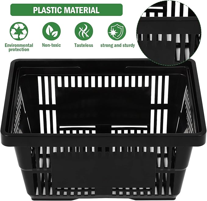 12PCS Shopping Baskets with Handles, 21L Durable Plastic Shopping Cart, Portable Grocery Basket for Supermarket Retail Shop Book Store Laundry, Black